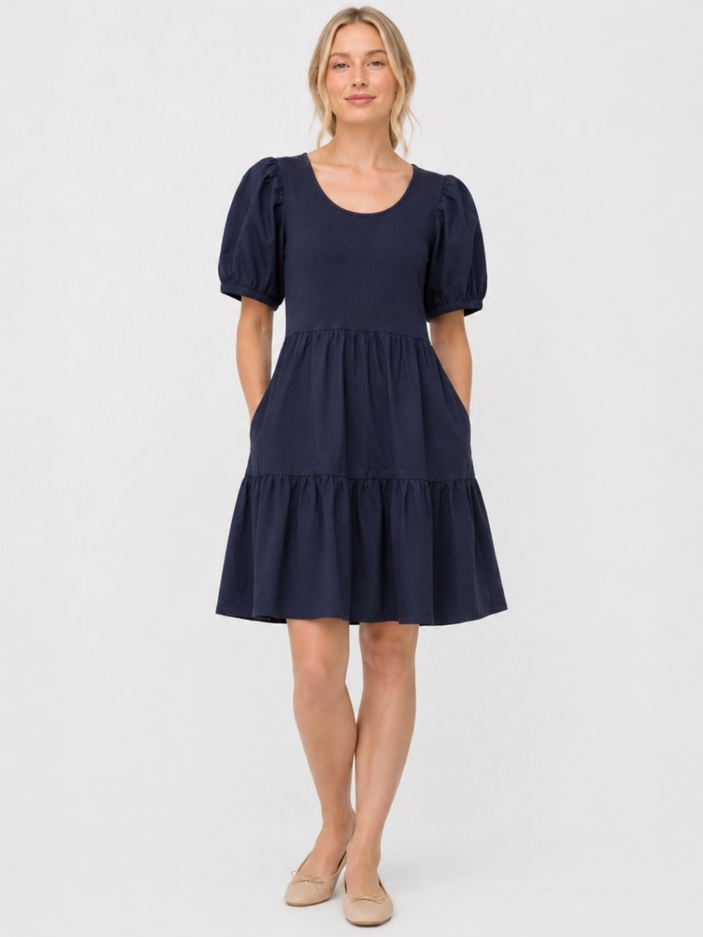 NWT J. Crew Navy Puff-Sleeve Tiered Dress in Size Large